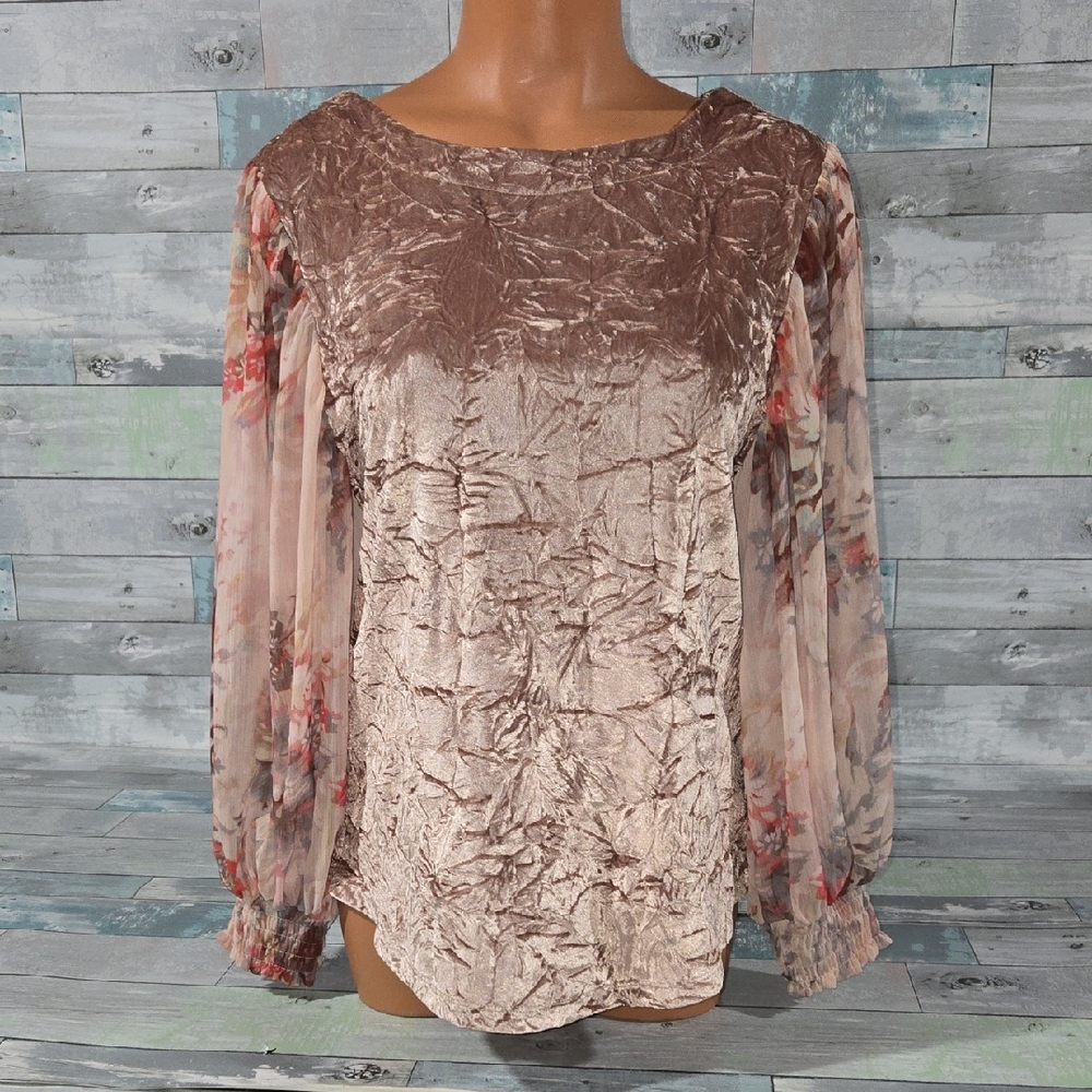 Meadow Rue Velvet Floral Blouse in Brown and Cream Sheer Floral Sleeve X-Small - Picture 1 of 6